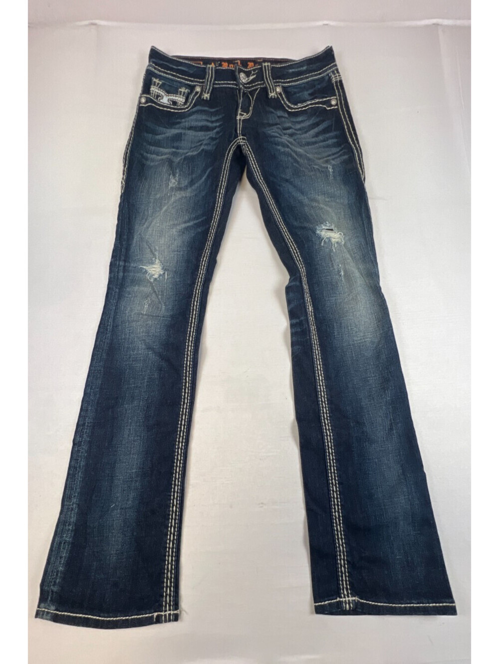 Rock Revival Women 28 Madison Straight Jeans Blue Denim Embroidered Flap Pocket